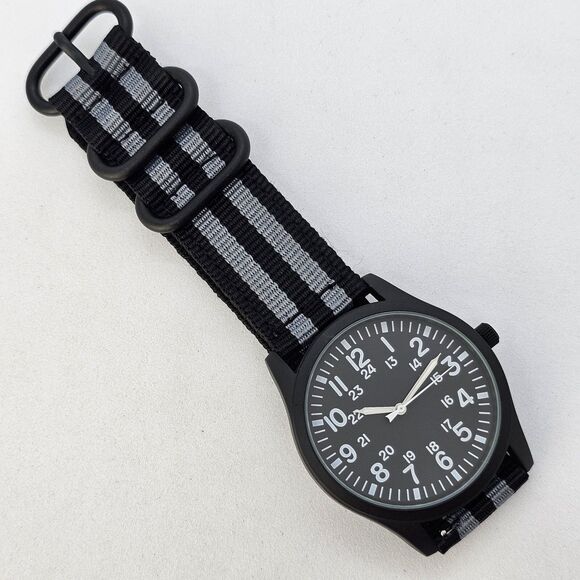 Men's Miltiary Field Watch 42MM Black Case Dial Black Gray Canvas Band Straps - Picture 1 of 15